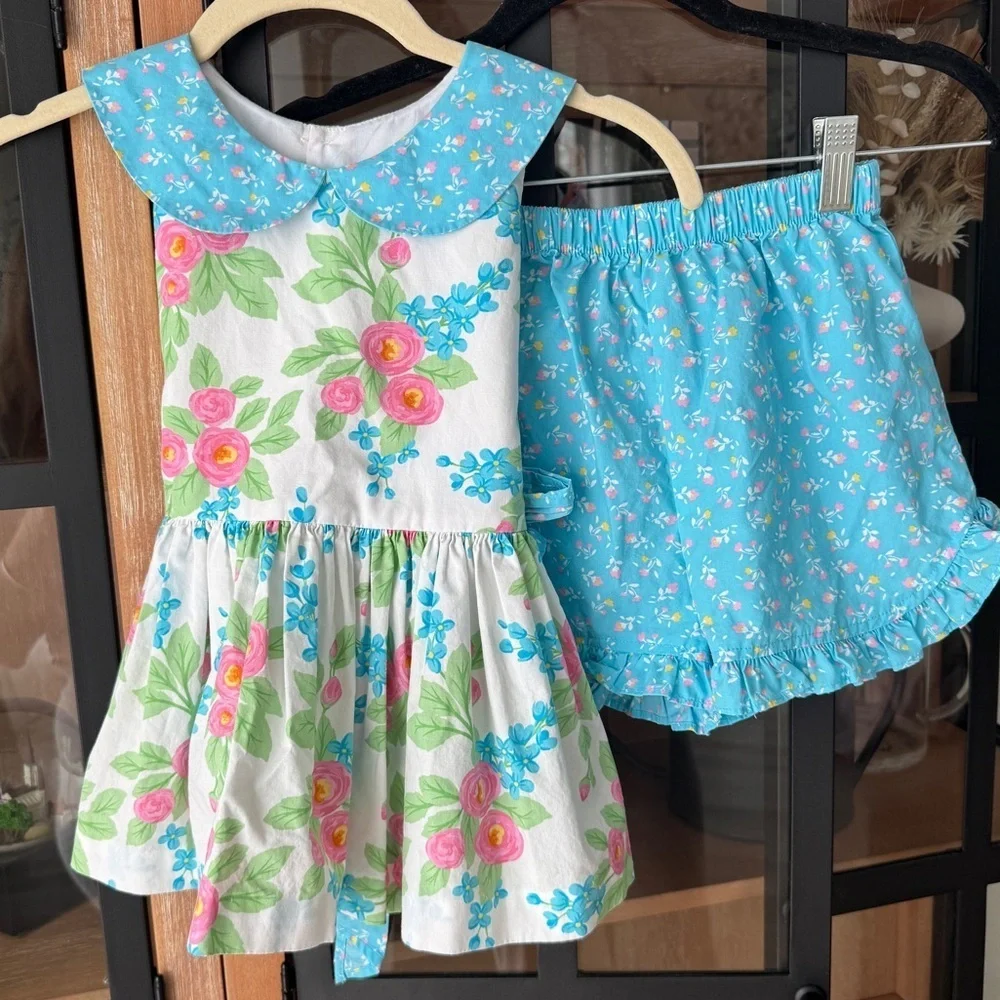 Eleanor Rose set floral dress bow shorts patchwork sleeveless peter pan collar